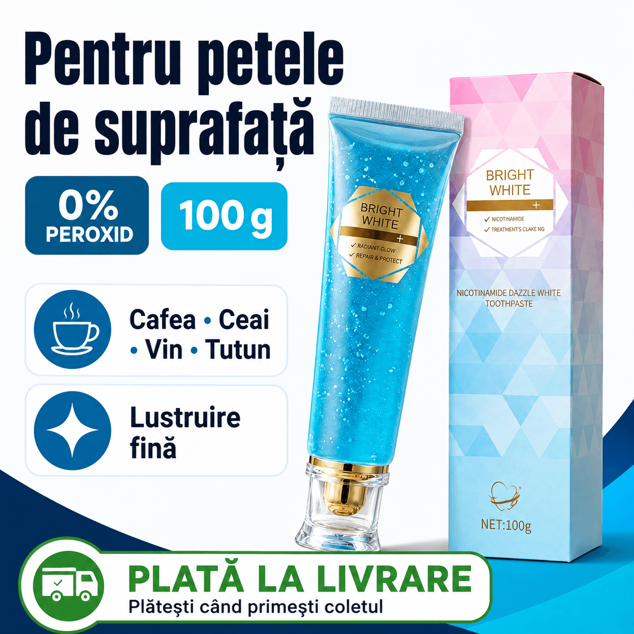 Bright White 100 g pentru pete de suprafață, 0% peroxid și plată la livrare