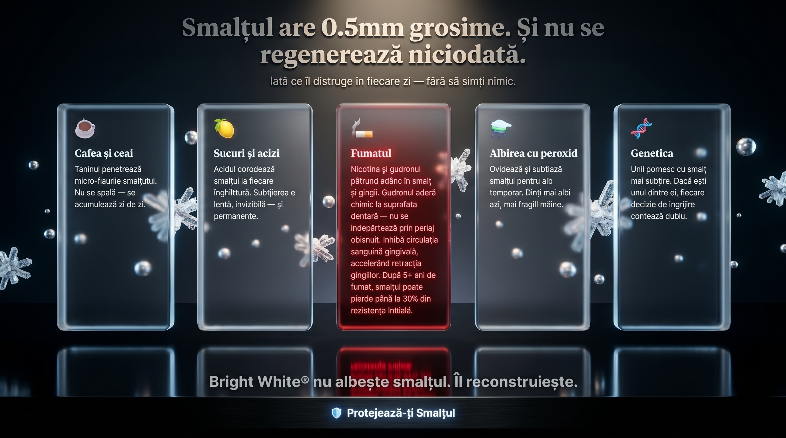 Smalțul are 0.5mm grosime și nu se regenerează niciodată. Factorii care îl distrug: Cafea și ceai — taninul penetrează micro-fisurile și se acumulează. Fumatul — nicotina și gudronul pătrund adânc, inhibă circulația gingivală. Sucuri și acizi — corodează smalțul permanent. Albirea cu peroxid — oxidează și subțiază smalțul pentru alb temporar. Genetica — unii au smalț mai subțire din naștere. Bright White nu albește smalțul — îl reconstruiește cu niacinamidă activă.